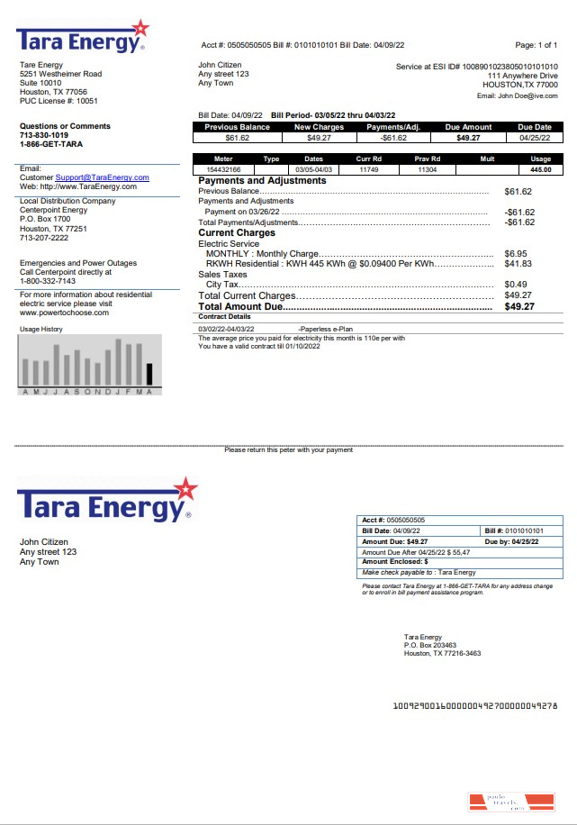 USA Texas Tara Energy utility bill template in Word and PDF format